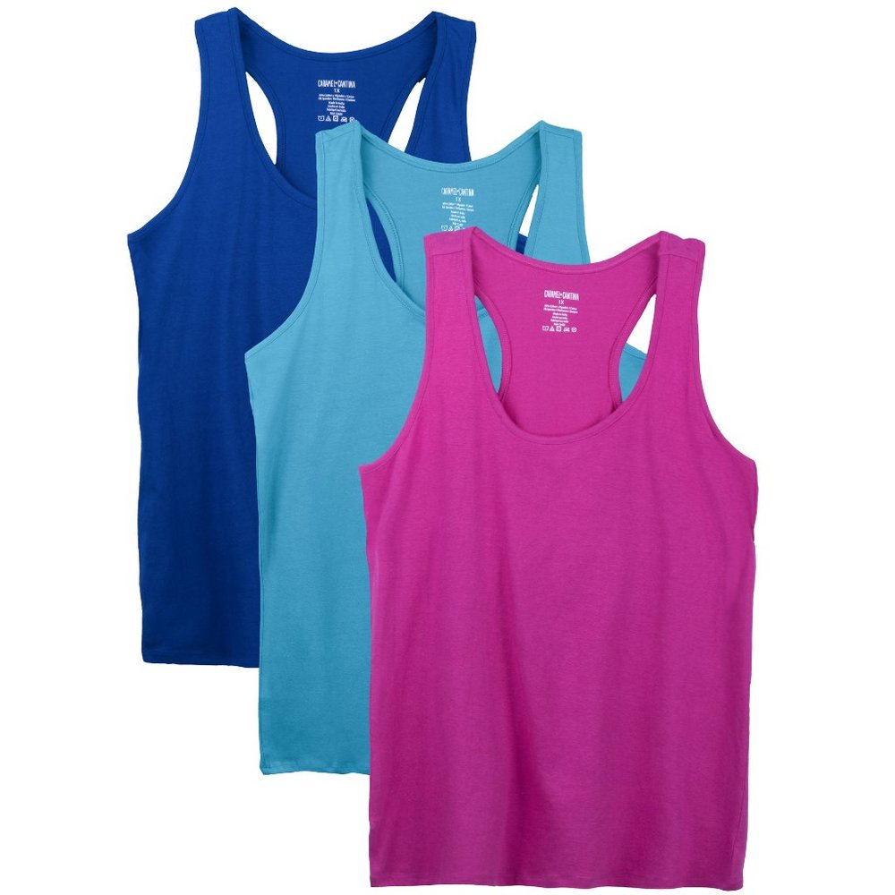 3 Pack Women's Cotton Spandex Racerback Tanks S-3X 3910 Blu/Tel/Cur New NWB
